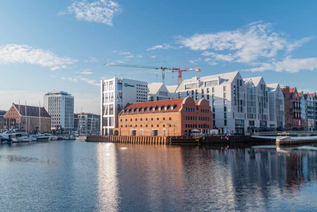 Gdansk, Poland - July 31, 2021: Granary Island on Motlawa river. Gdansk-granaria-1